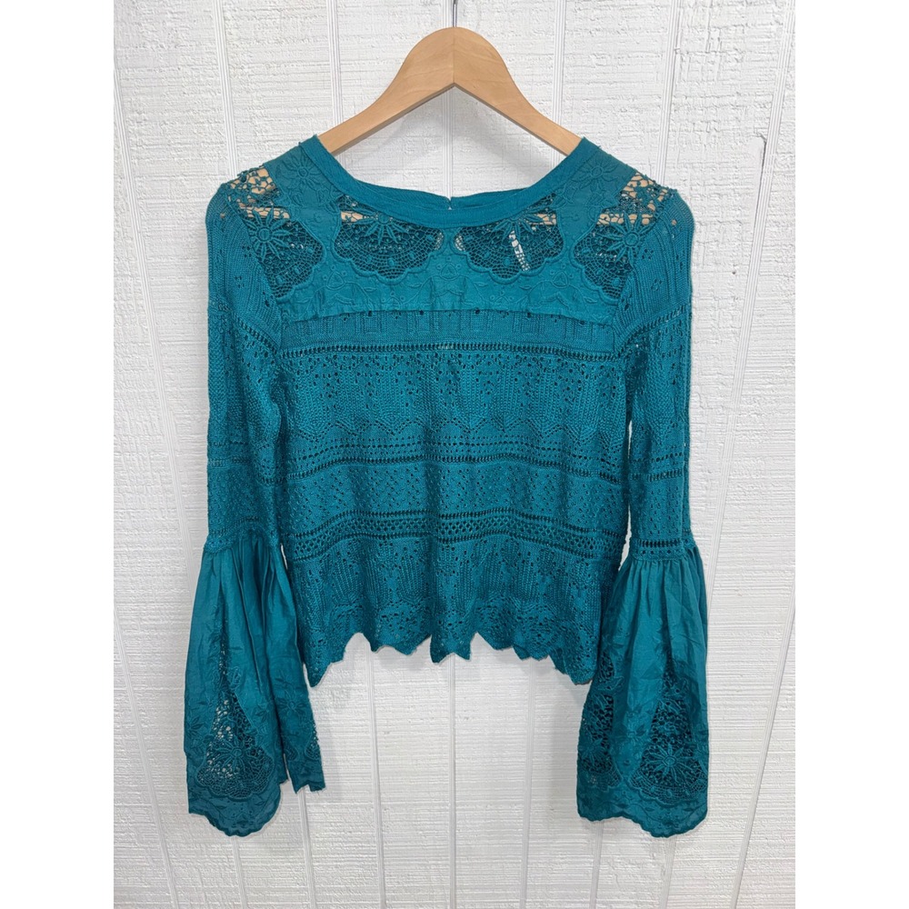 Free People Crochet Knit Top Women Teal Blue Bell Sleeve Lace XS